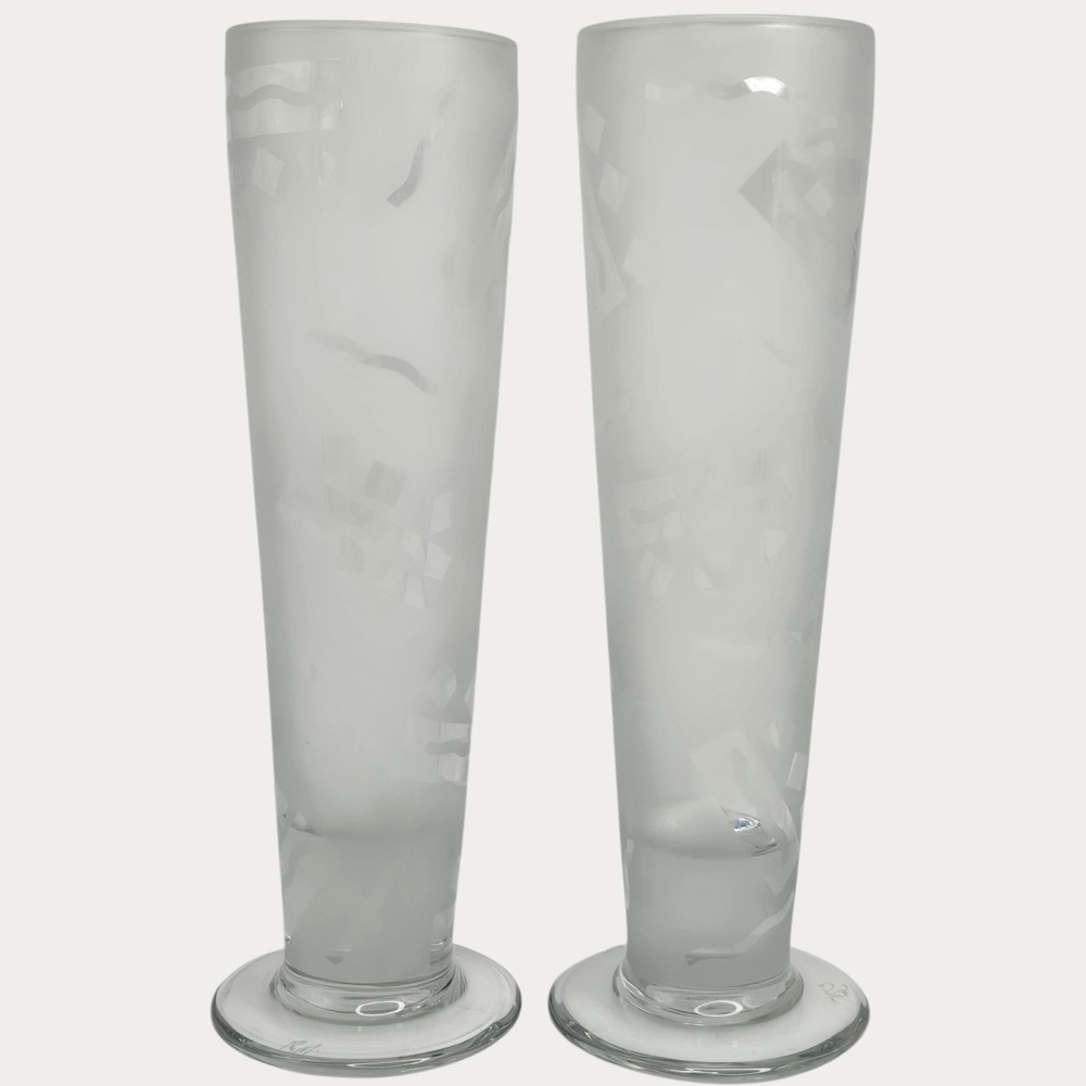 2 Signed Vintage Robert McCandless MCM Etched Glass Pilsner Set Geometric Retro